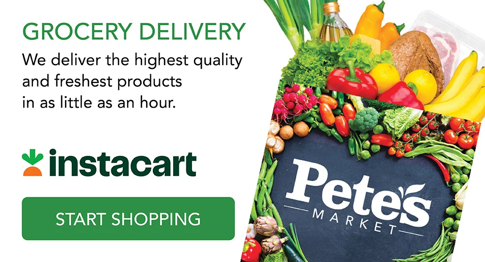 Grocery delivery services by Instacart and Pete's Market with fresh groceries illustrated