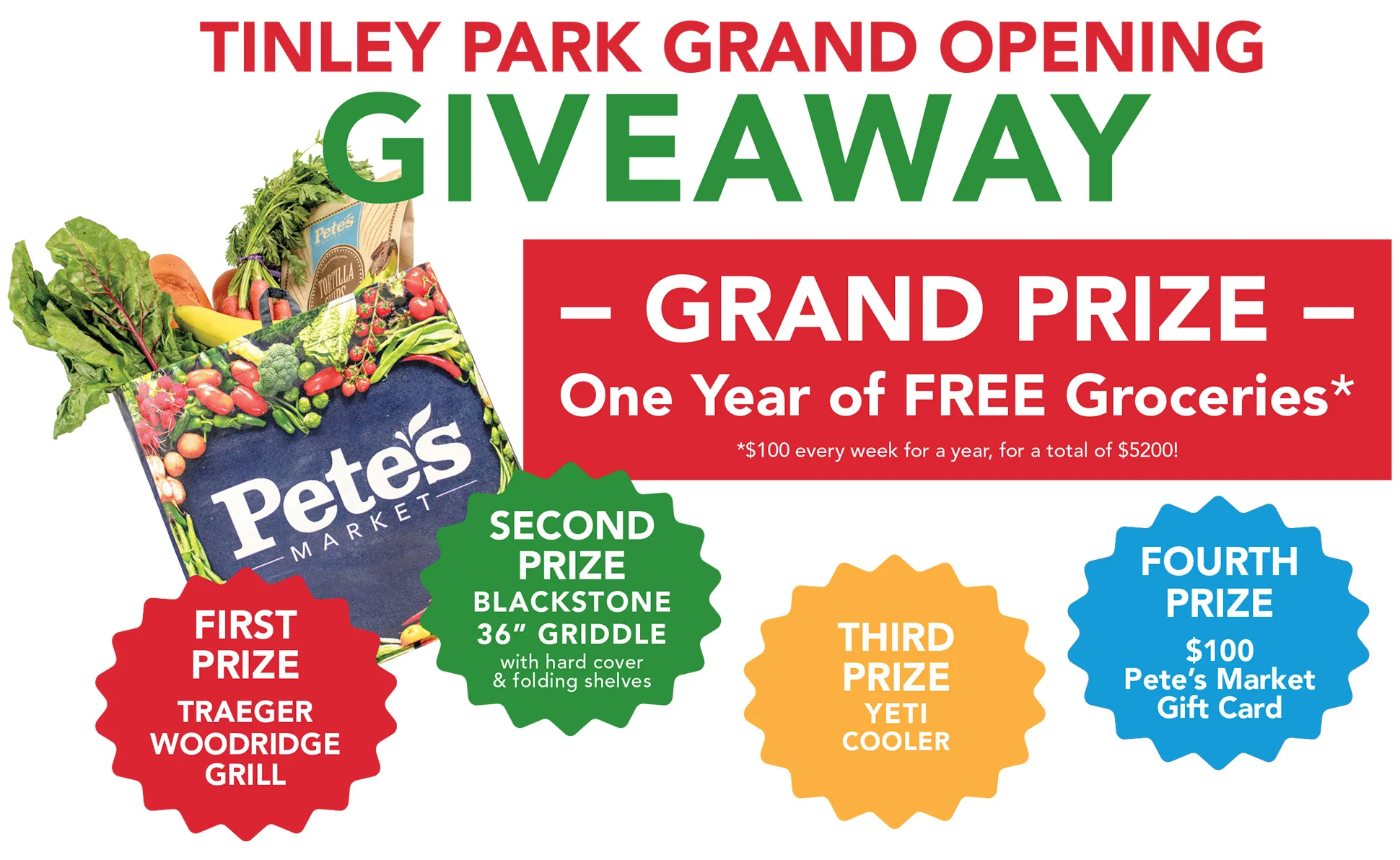 A promotional image for a grand opening giveaway featuring a grocery bag and prize details.