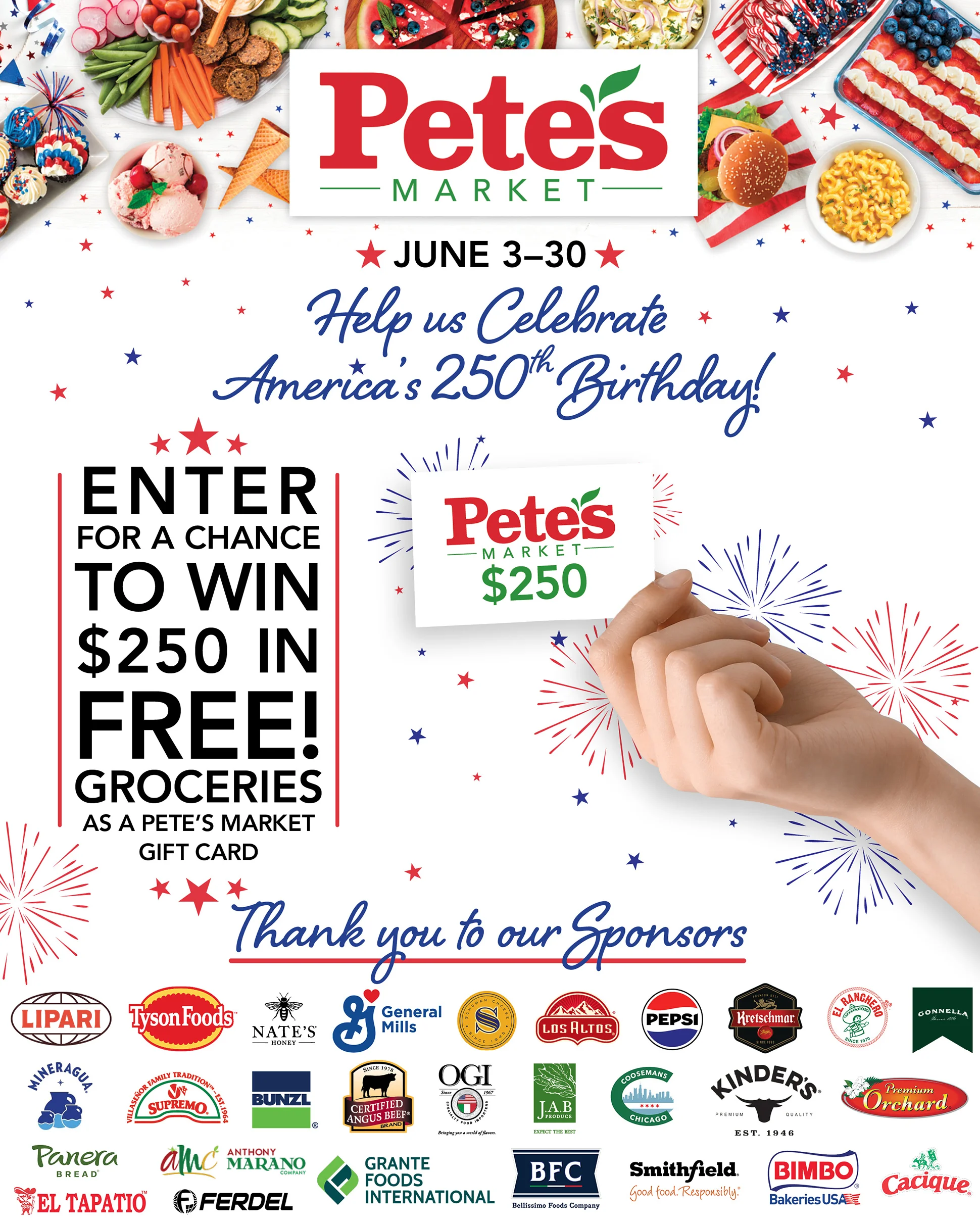 Promotional flyer for Pete's Market celebrating America's 250th birthday with a chance to win $250 in groceries