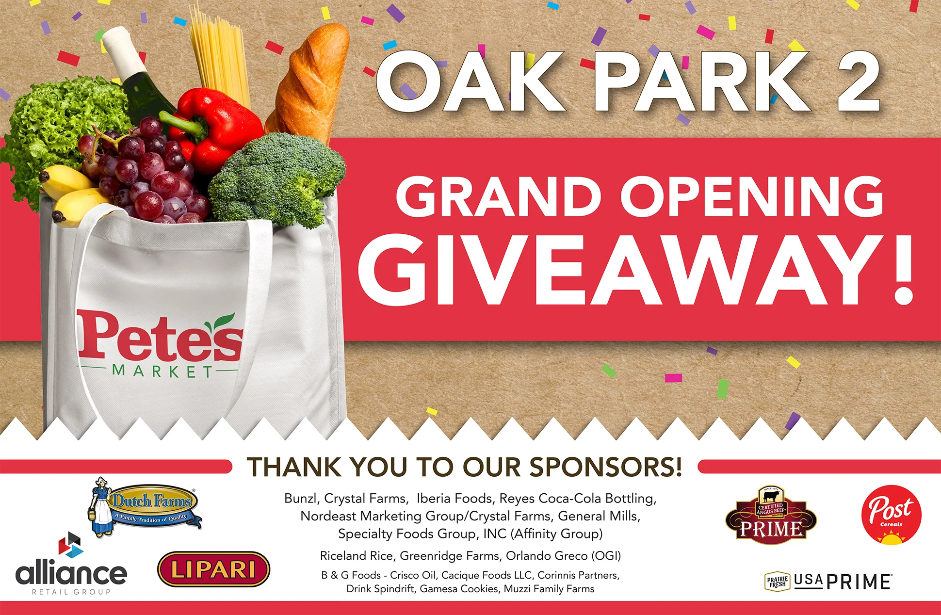 Graphic for the grand opening of Pete's Market, featuring a shopping bag filled with produce and text announcing a giveaway