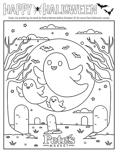 Halloween-themed coloring page with ghosts, bats, and tombstones.